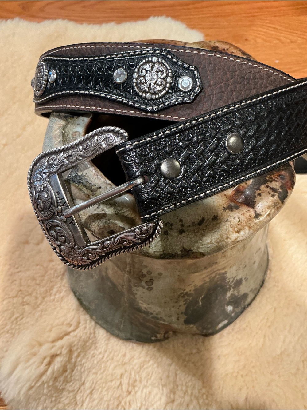 Ariat 2007 brown and black embossed leather studded belt